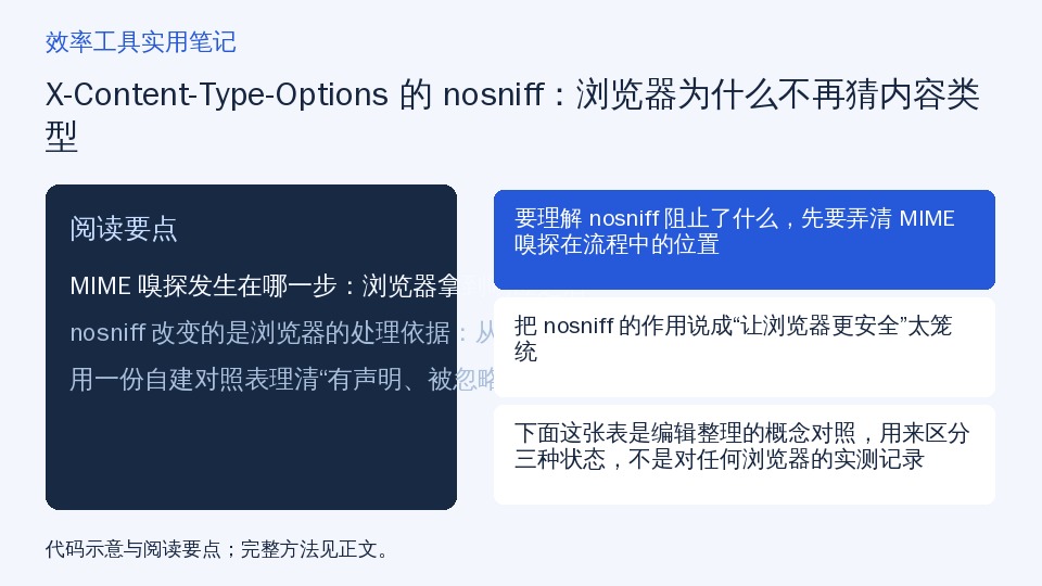 X-Content-Type-Options 的 nosniff：浏览器为什么不再猜内容类型的知识要点示意图