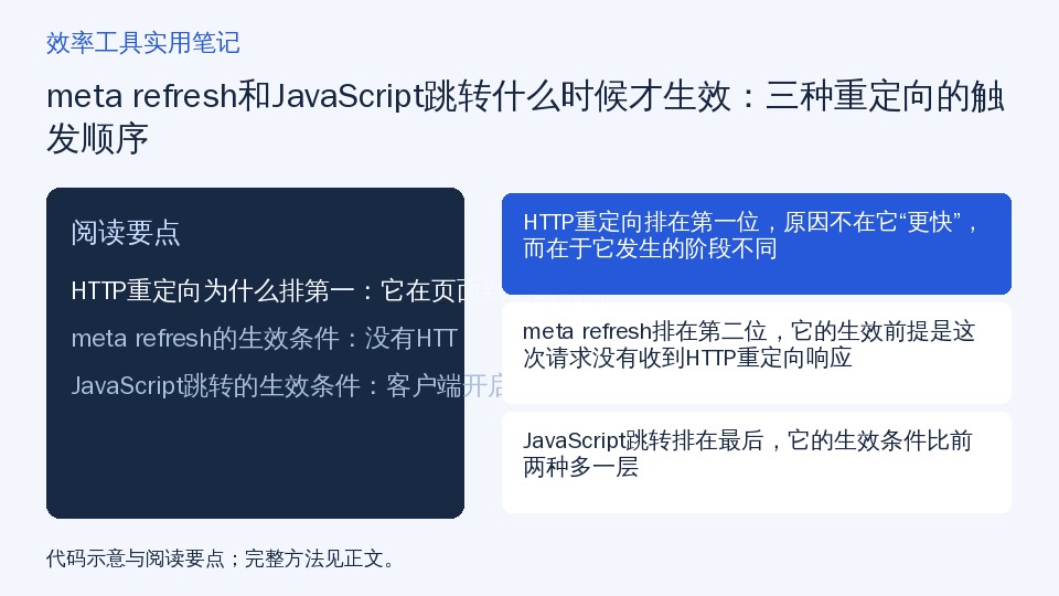 meta refresh和JavaScript跳转什么时候才生效：三种重定向的触发顺序的知识要点示意图