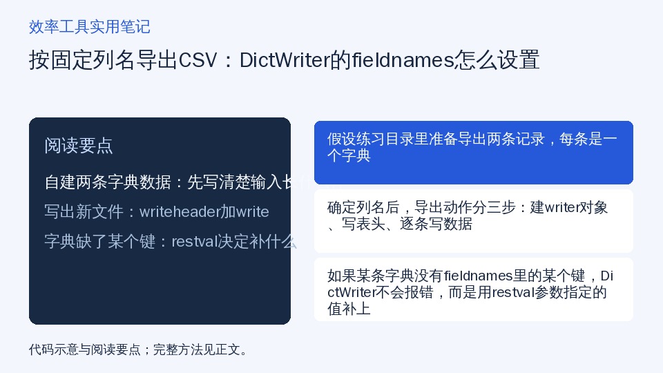 按固定列名导出CSV：DictWriter的fieldnames怎么设置的知识要点示意图