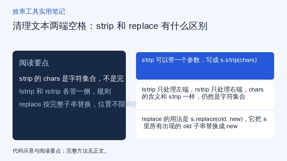 清理文本两端空格：strip 和 replace 有什么区别的知识要点示意图