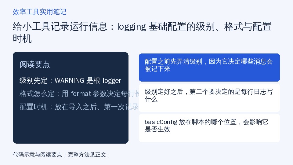 给小工具记录运行信息：logging 基础配置的级别、格式与配置时机的知识要点示意图