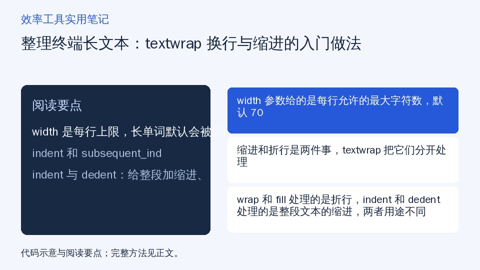 整理终端长文本：textwrap 换行与缩进的入门做法的知识要点示意图